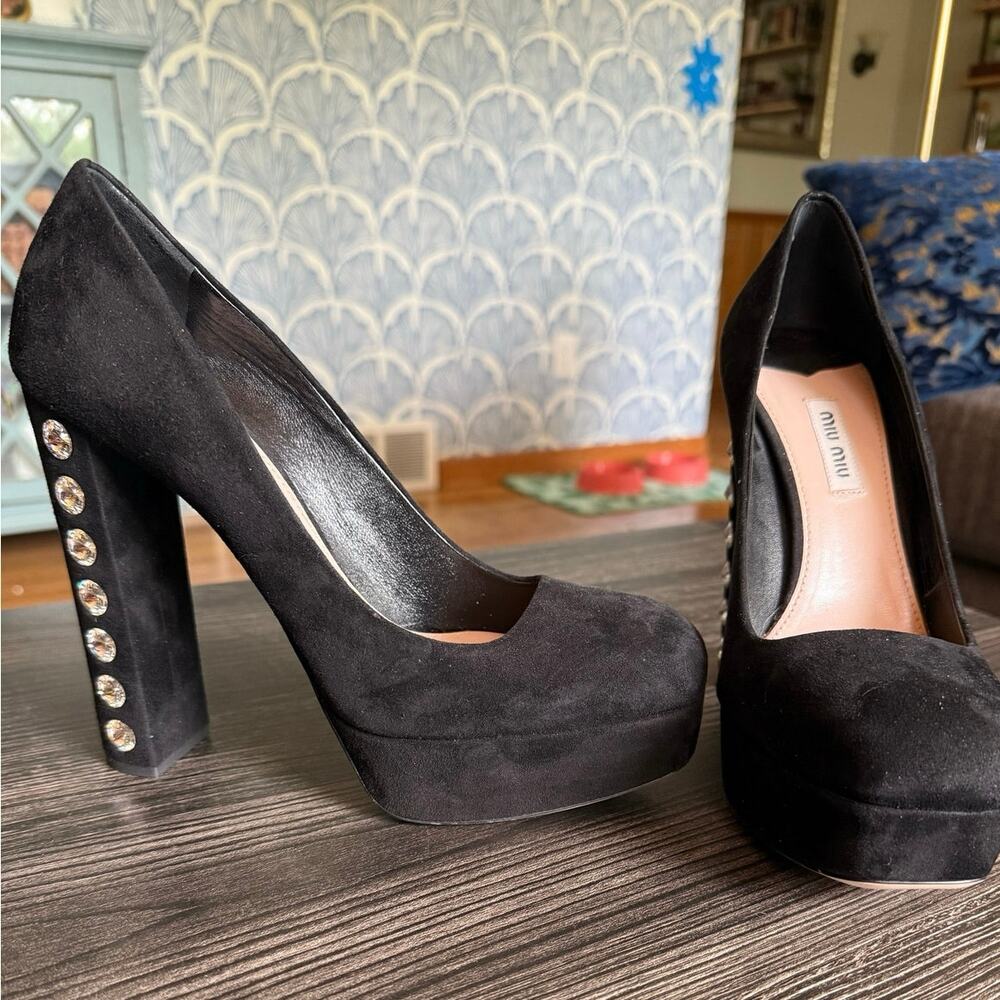 MIU MIU Suede XL Rhinestone Heeled Platforms Sz. 38.5